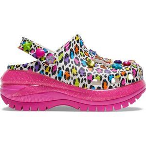 CROCS Multicolor Leopard Print Platform Clog with Pink Glitter Sole